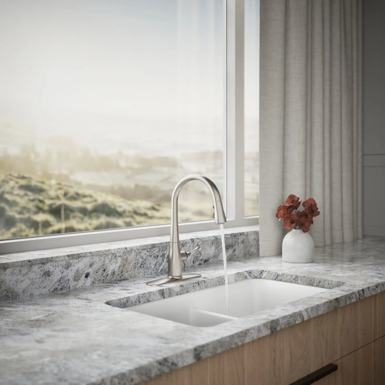 Compact pull-down kitchen sink faucet with three-function sprayhead^Kohler Online