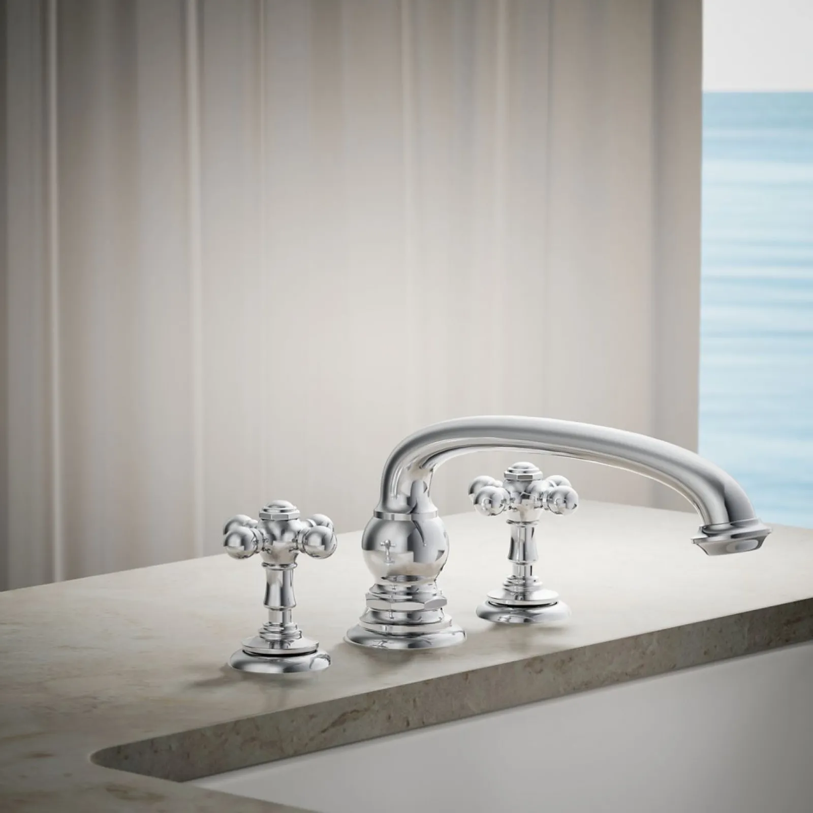 Deck-mount bath faucet handle trim with Cross design^Kohler