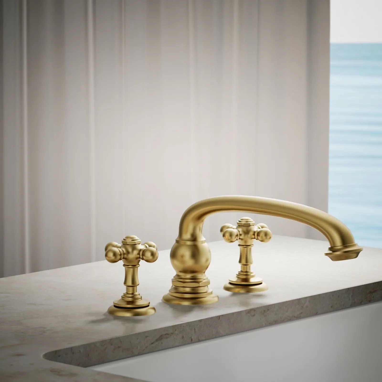 Deck-mount bath faucet handle trim with Cross design^Kohler