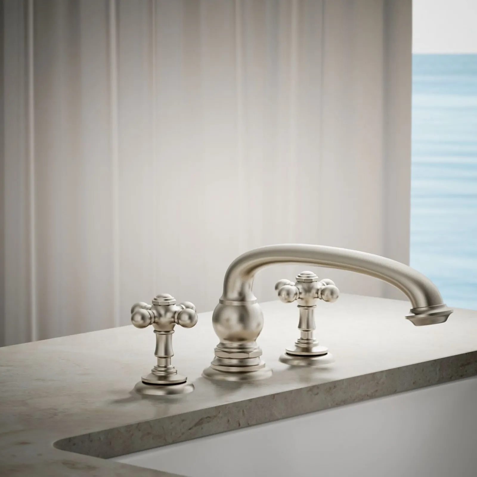 Deck-mount bath faucet handle trim with Cross design^Kohler