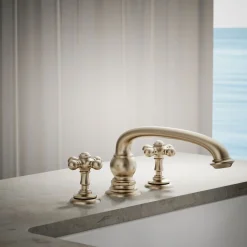 Deck-mount bath faucet handle trim with Cross design^Kohler