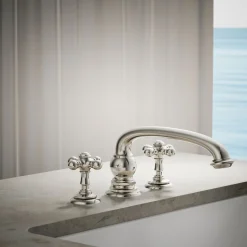 Deck-mount bath faucet handle trim with Cross design^Kohler