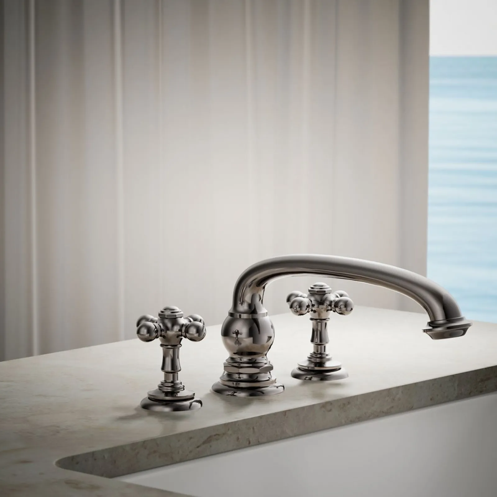 Deck-mount bath faucet handle trim with Cross design^Kohler
