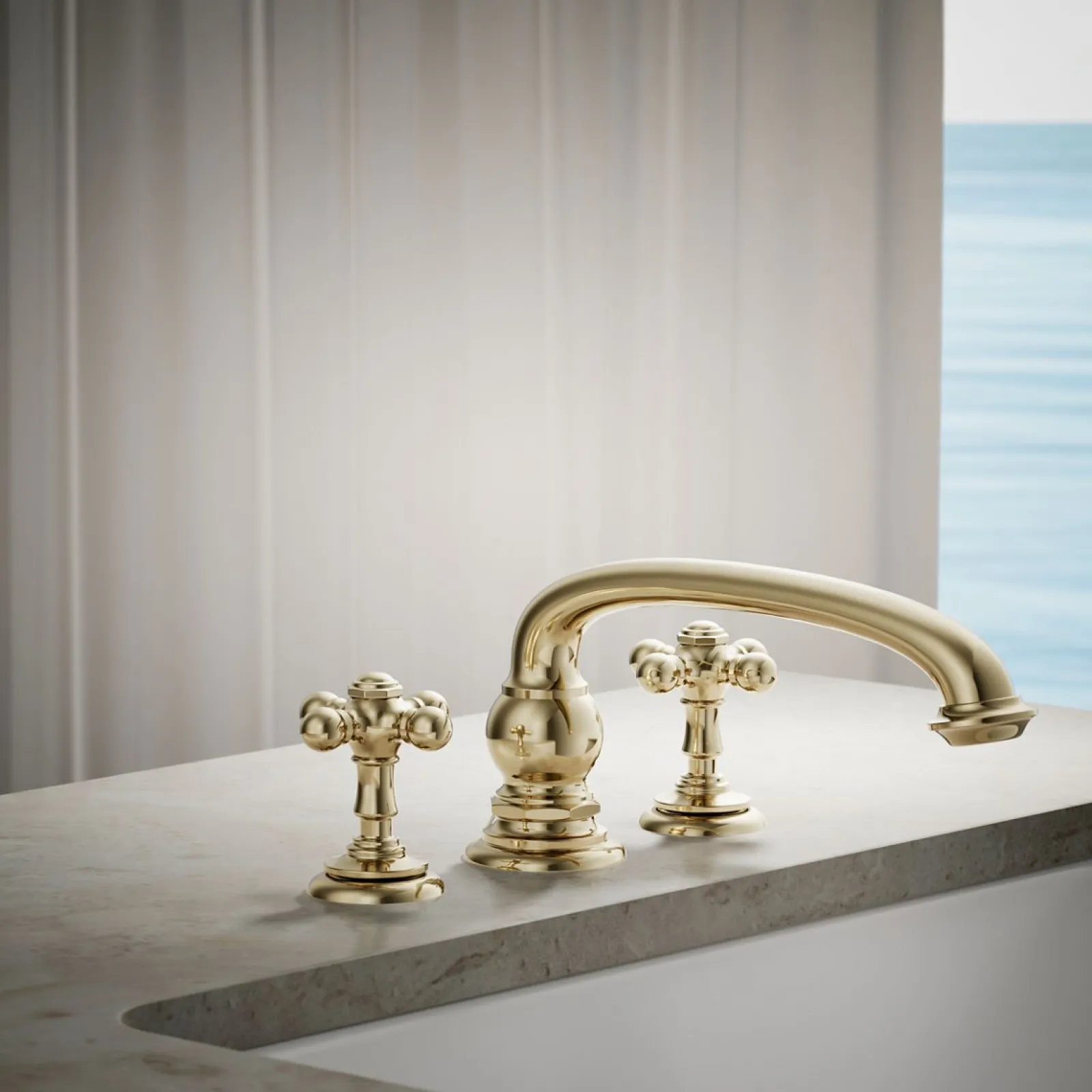 Deck-mount bath faucet handle trim with Cross design^Kohler