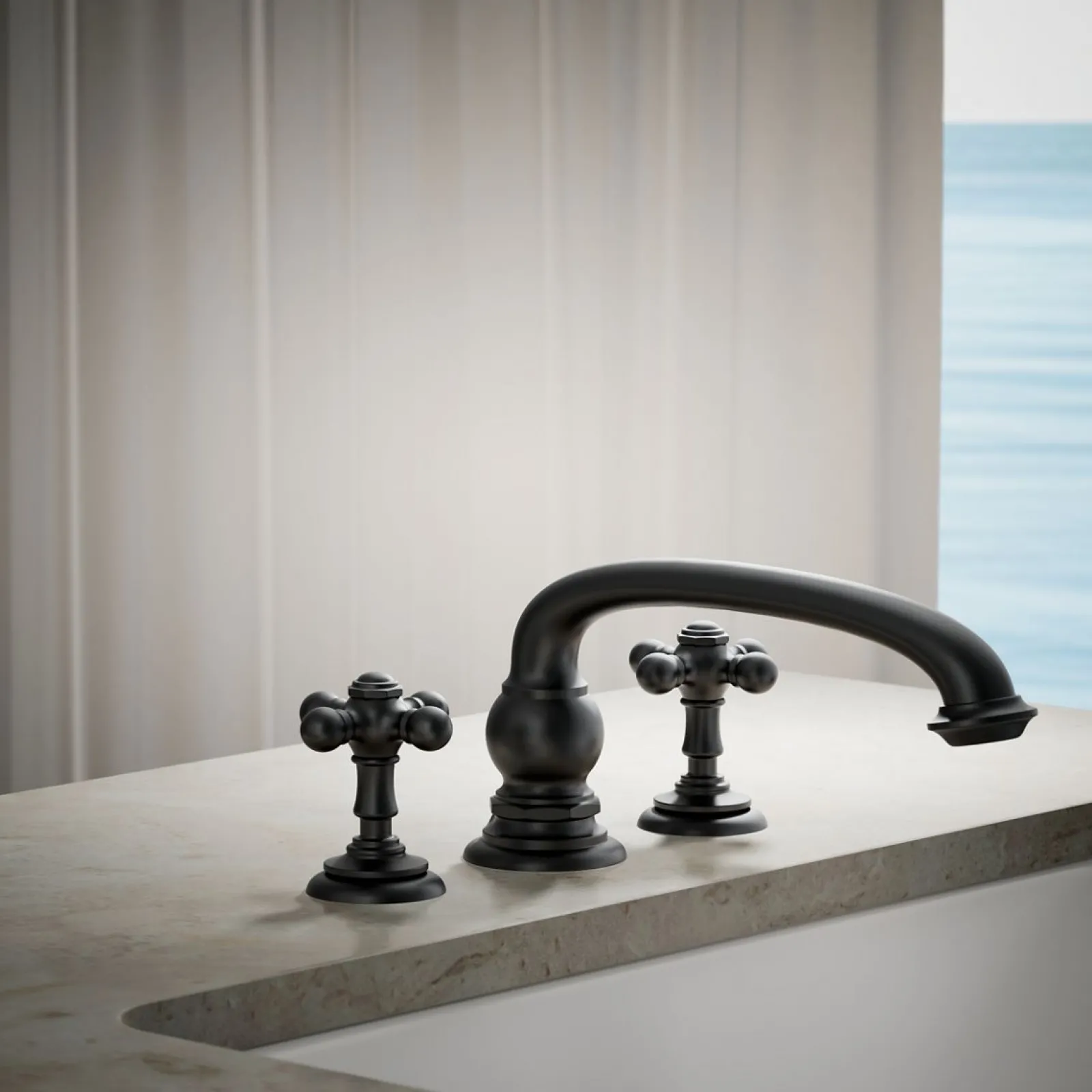 Deck-mount bath faucet handle trim with Cross design^Kohler