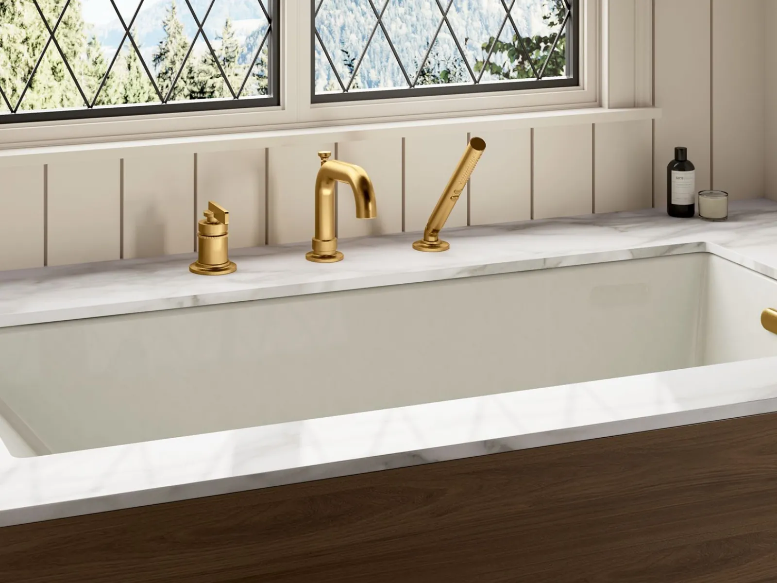 Deck-mount bath faucet with handshower^Kohler