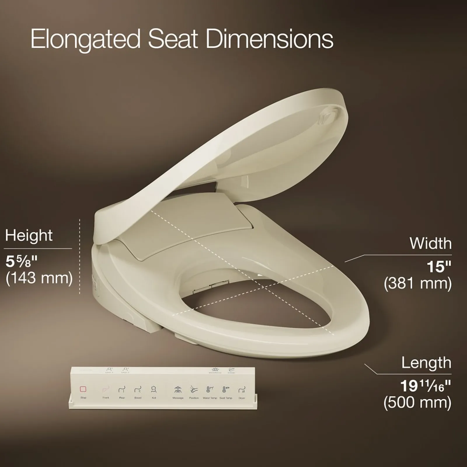 Dual-Wand Elongated bidet toilet seat with remote control^Kohler