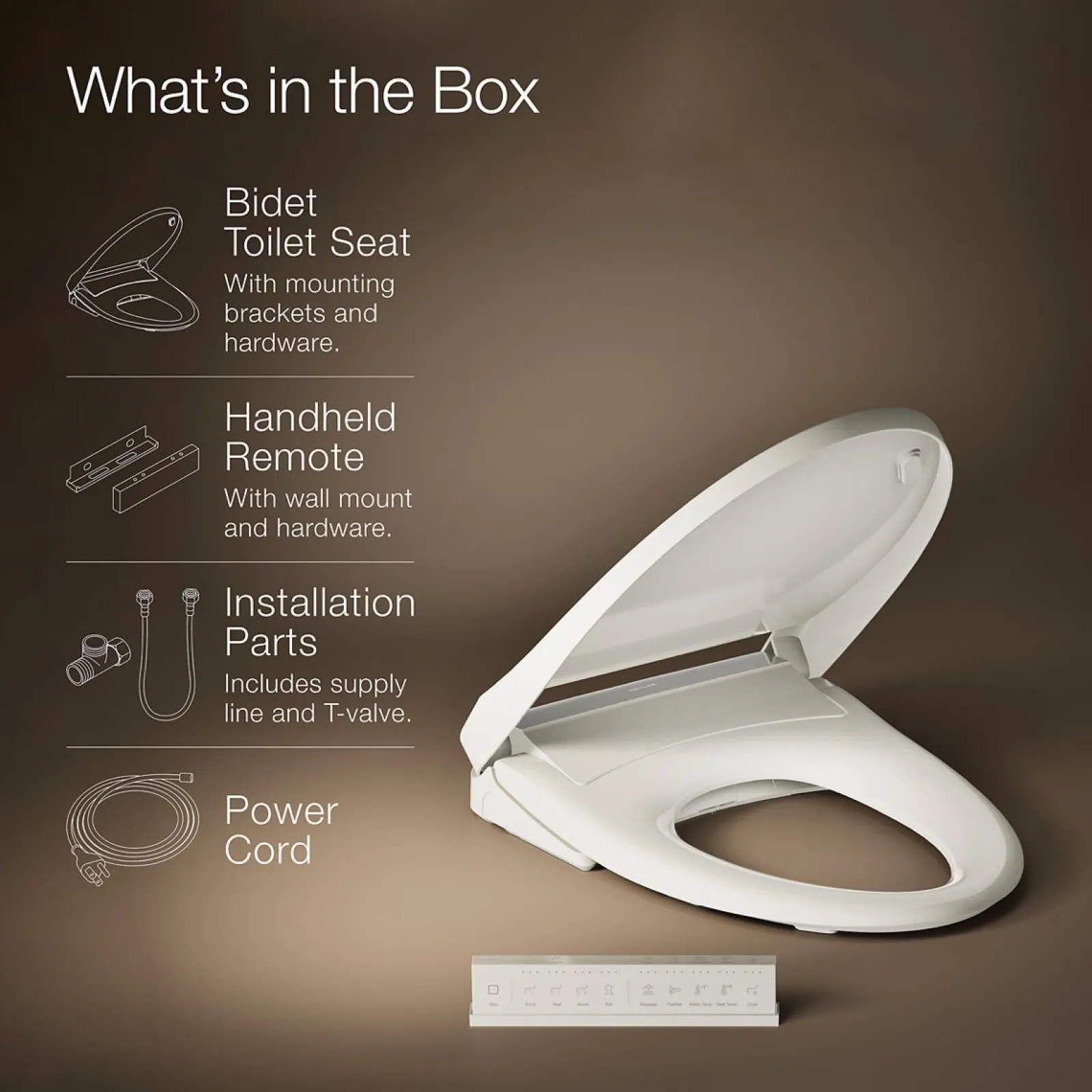 Elongated bidet toilet seat with remote control^Kohler Hot
