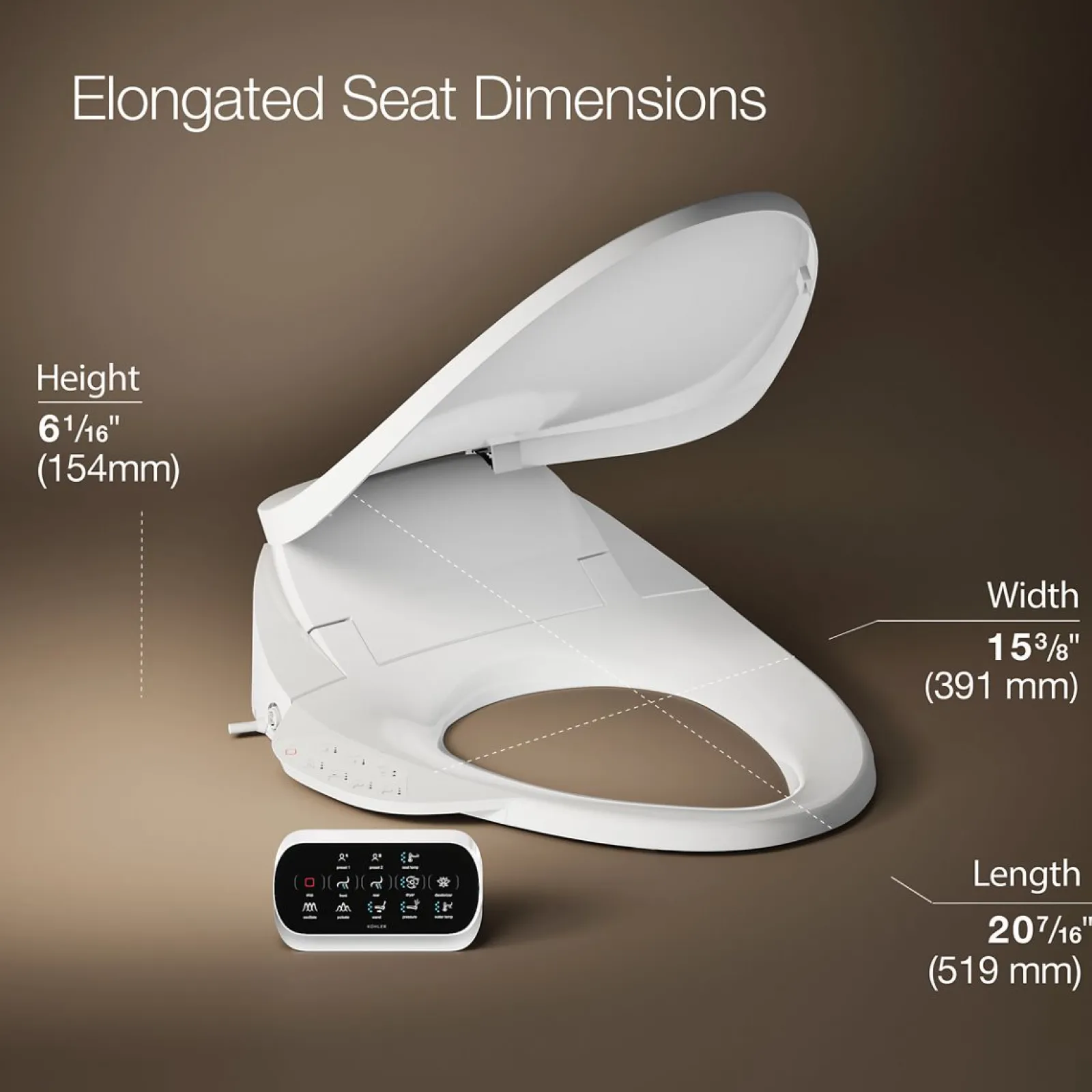 Elongated bidet toilet seat with remote control^Kohler