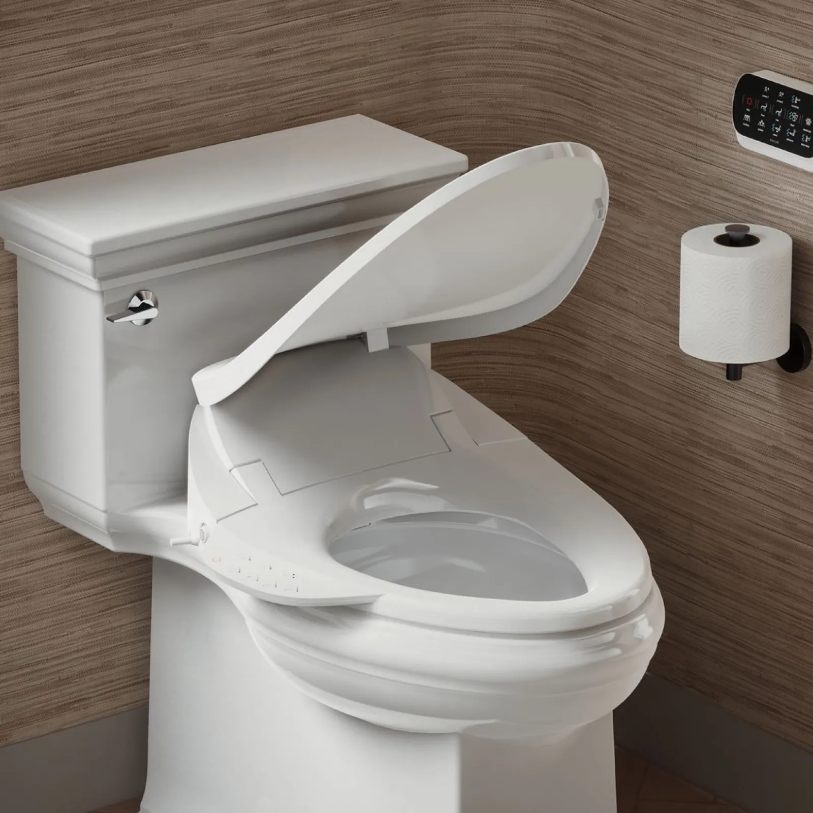 Elongated bidet toilet seat with remote control^Kohler