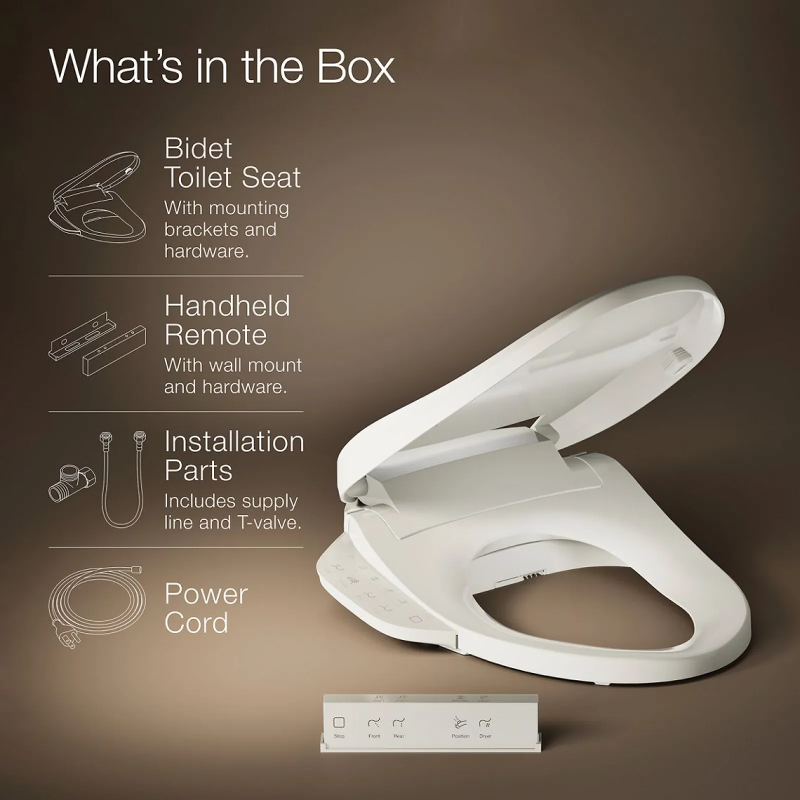 Elongated bidet toilet seat with remote control^Kohler Hot