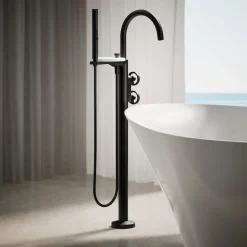 Floor-mount bath filler trim with industrial handles and handshower^Kohler Clearance