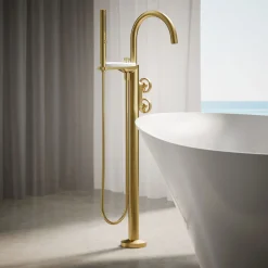 Floor-mount bath filler trim with industrial handles and handshower^Kohler Clearance