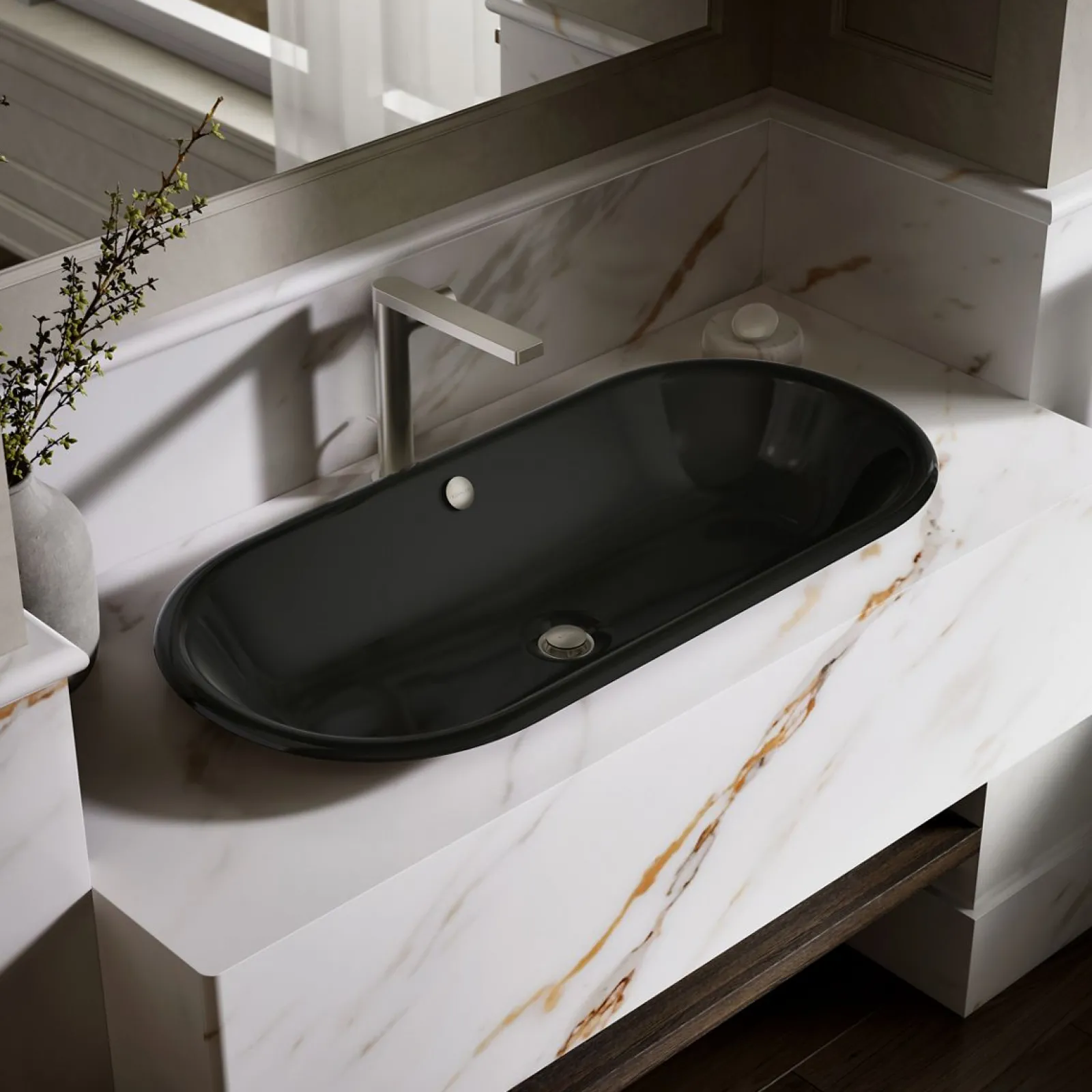 33" oval drop-in/undermount/vessel bathroom sink with Iron Black painted underside^Kohler Hot
