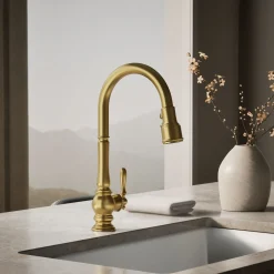 Pull-down kitchen sink faucet with three-function sprayhead^Kohler Discount