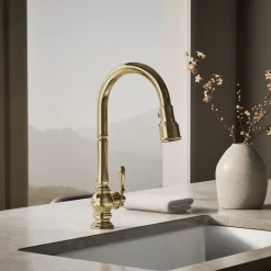 Pull-down kitchen sink faucet with three-function sprayhead^Kohler Discount