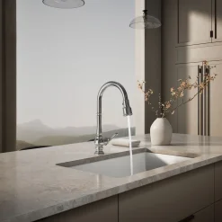 Pull-down kitchen sink faucet with three-function sprayhead^Kohler Discount