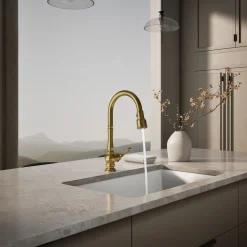 Pull-down kitchen sink faucet with three-function sprayhead^Kohler Discount