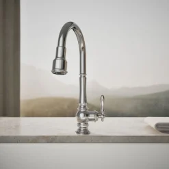 Pull-down kitchen sink faucet with three-function sprayhead^Kohler Discount