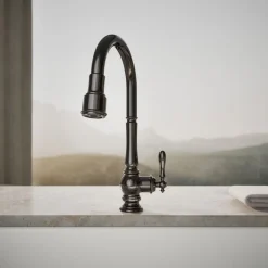 Pull-down kitchen sink faucet with three-function sprayhead^Kohler Discount