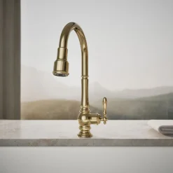 Pull-down kitchen sink faucet with three-function sprayhead^Kohler Discount