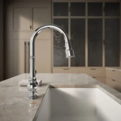 Pull-down kitchen sink faucet with three-function sprayhead^Kohler Discount