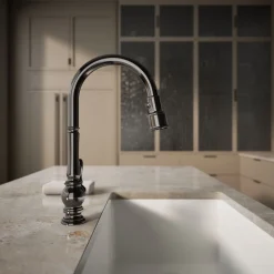 Pull-down kitchen sink faucet with three-function sprayhead^Kohler Discount