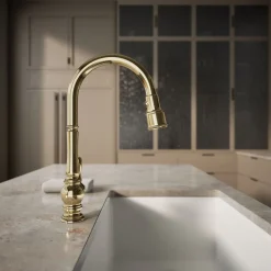 Pull-down kitchen sink faucet with three-function sprayhead^Kohler Discount