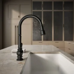 Pull-down kitchen sink faucet with three-function sprayhead^Kohler Discount