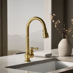Pull-down kitchen sink faucet with three-function sprayhead^Kohler New