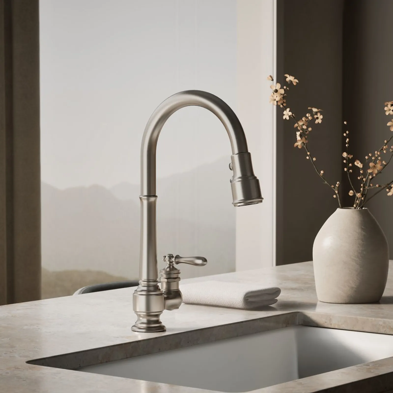 Pull-down kitchen sink faucet with three-function sprayhead^Kohler New