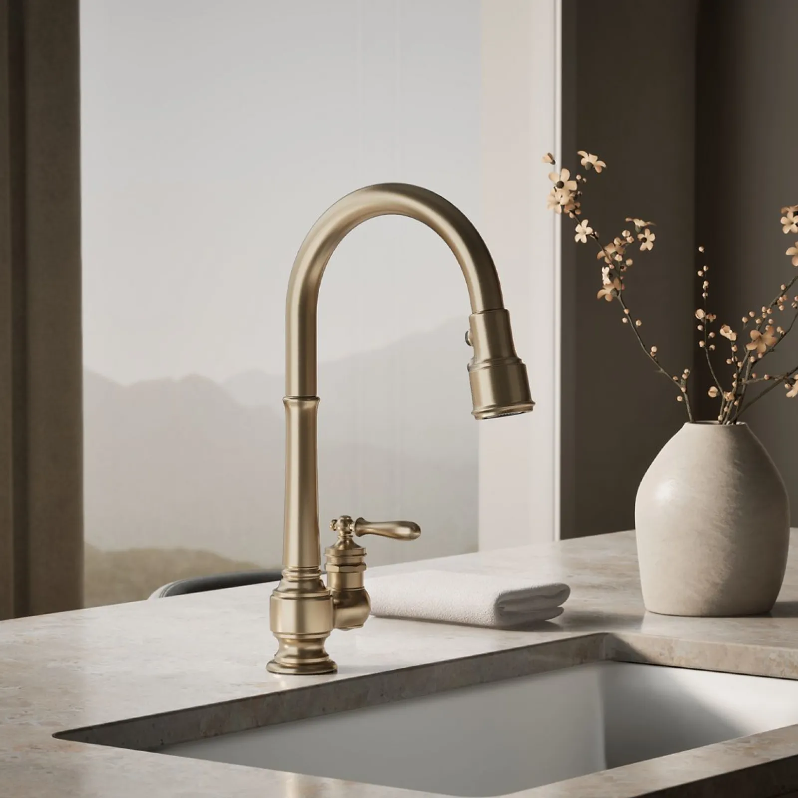 Pull-down kitchen sink faucet with three-function sprayhead^Kohler New
