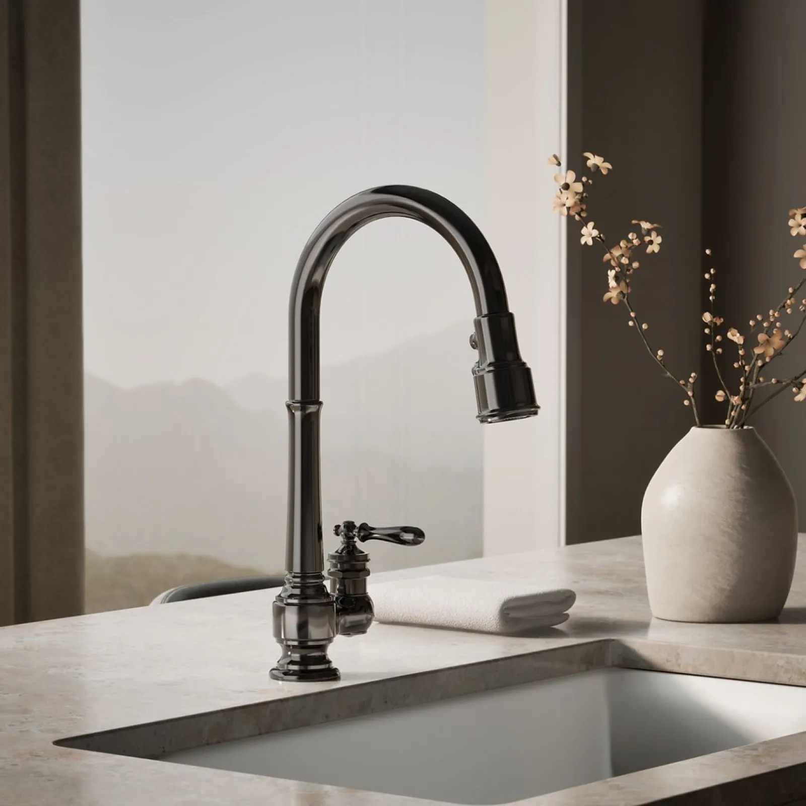 Pull-down kitchen sink faucet with three-function sprayhead^Kohler New