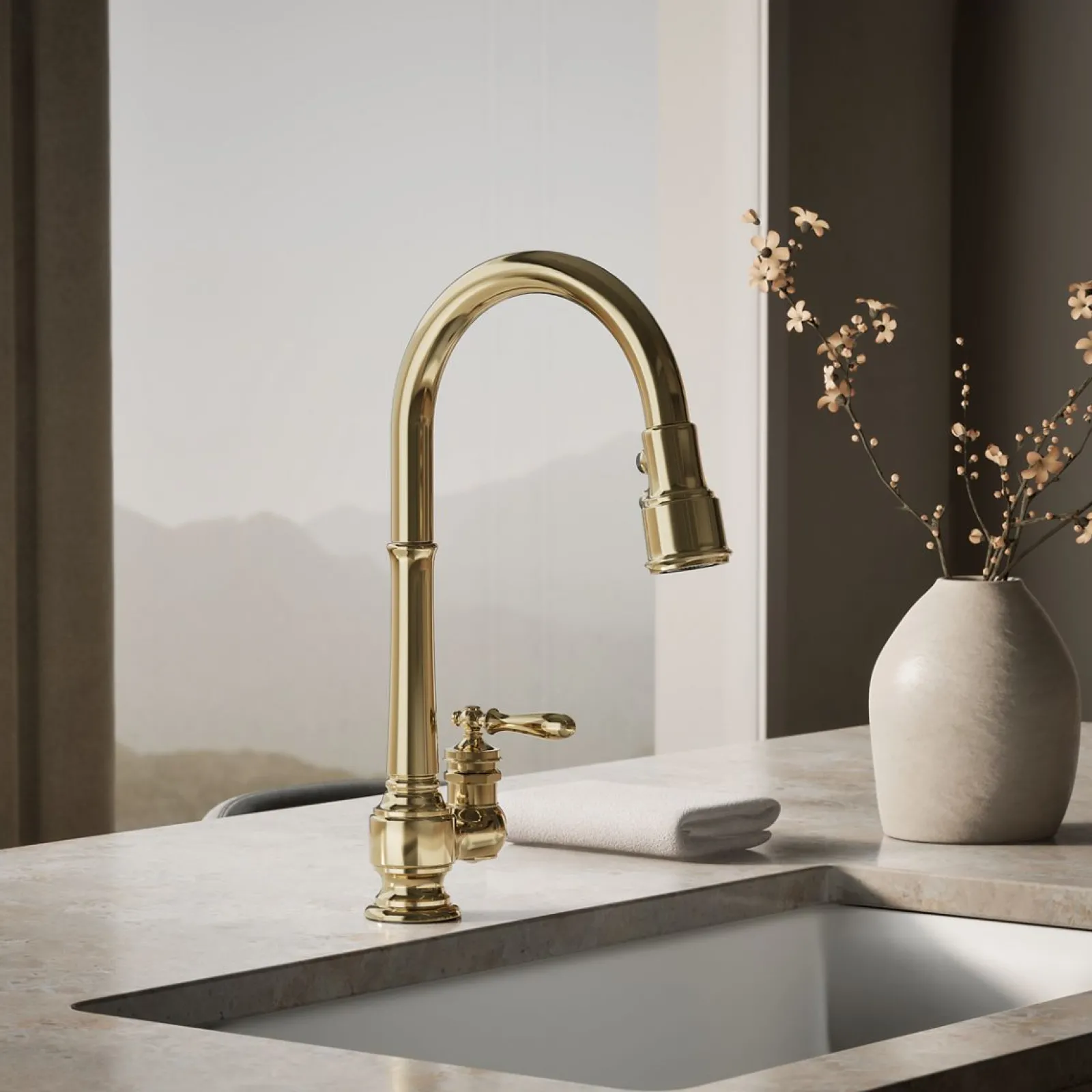 Pull-down kitchen sink faucet with three-function sprayhead^Kohler New