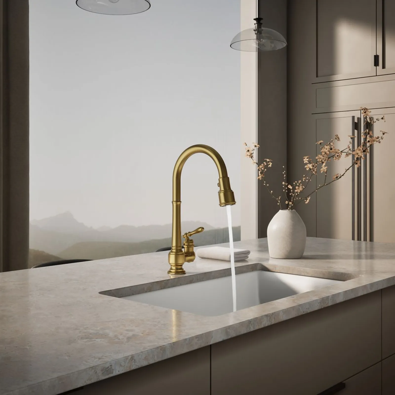 Pull-down kitchen sink faucet with three-function sprayhead^Kohler New