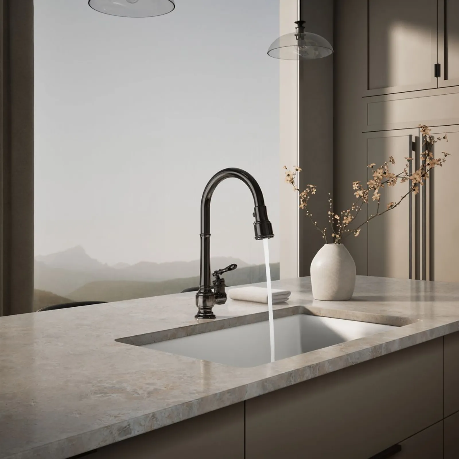 Pull-down kitchen sink faucet with three-function sprayhead^Kohler New