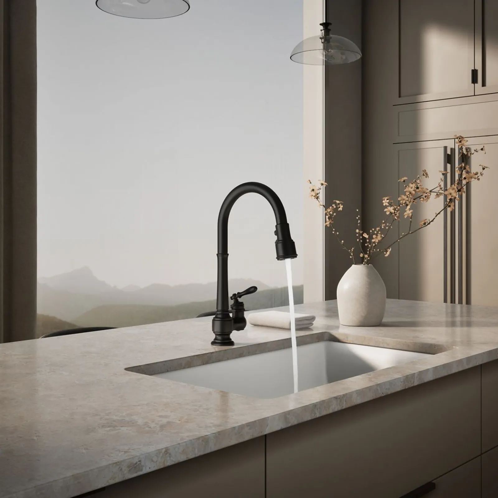 Pull-down kitchen sink faucet with three-function sprayhead^Kohler New