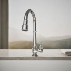 Pull-down kitchen sink faucet with three-function sprayhead^Kohler New