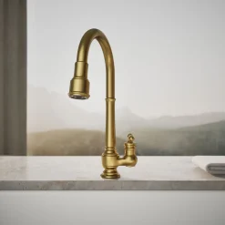 Pull-down kitchen sink faucet with three-function sprayhead^Kohler New