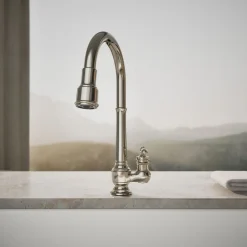 Pull-down kitchen sink faucet with three-function sprayhead^Kohler New