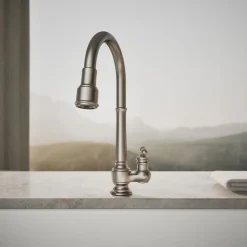 Pull-down kitchen sink faucet with three-function sprayhead^Kohler New