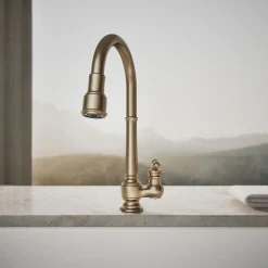 Pull-down kitchen sink faucet with three-function sprayhead^Kohler New