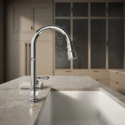 Pull-down kitchen sink faucet with three-function sprayhead^Kohler New