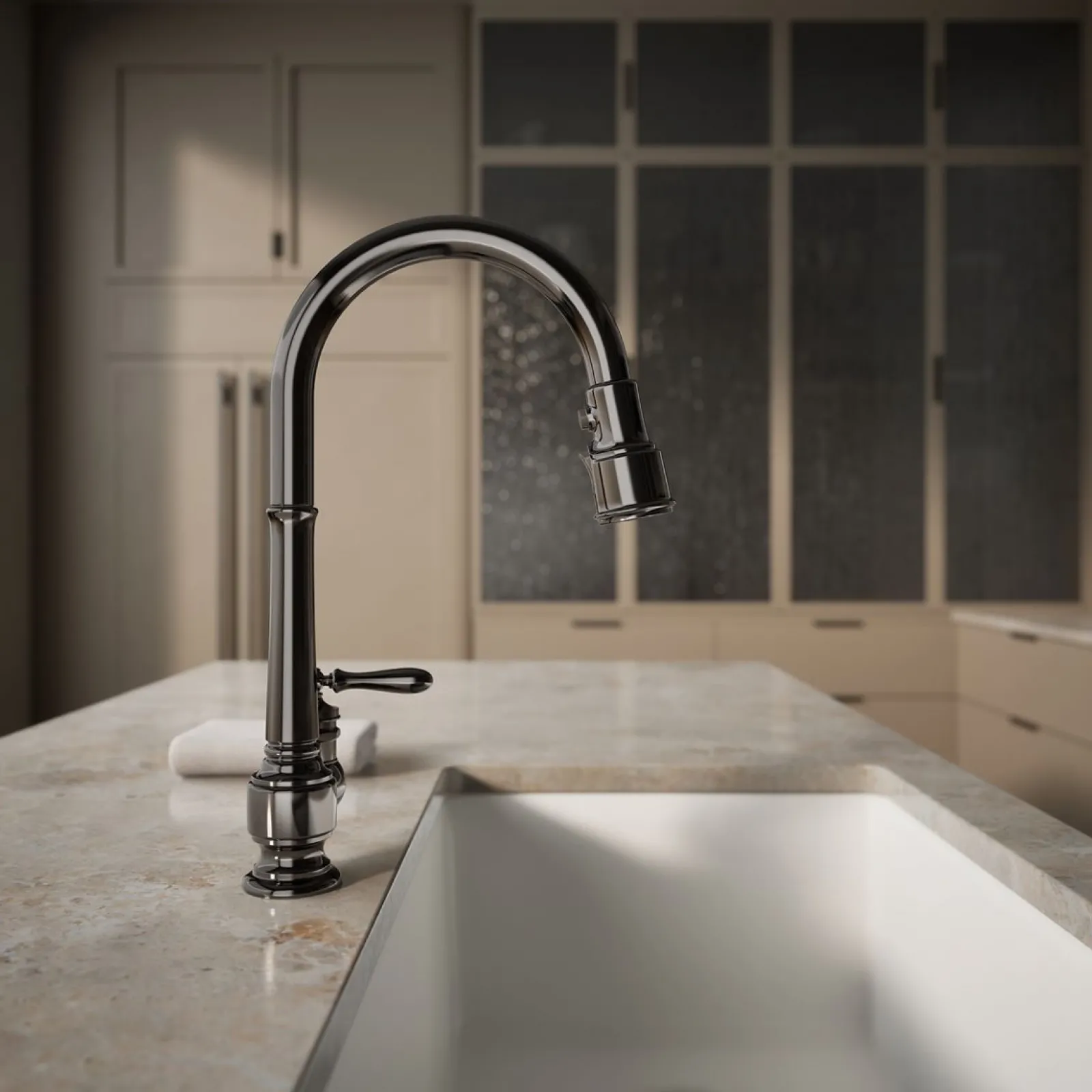 Pull-down kitchen sink faucet with three-function sprayhead^Kohler New