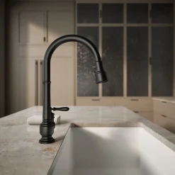Pull-down kitchen sink faucet with three-function sprayhead^Kohler New