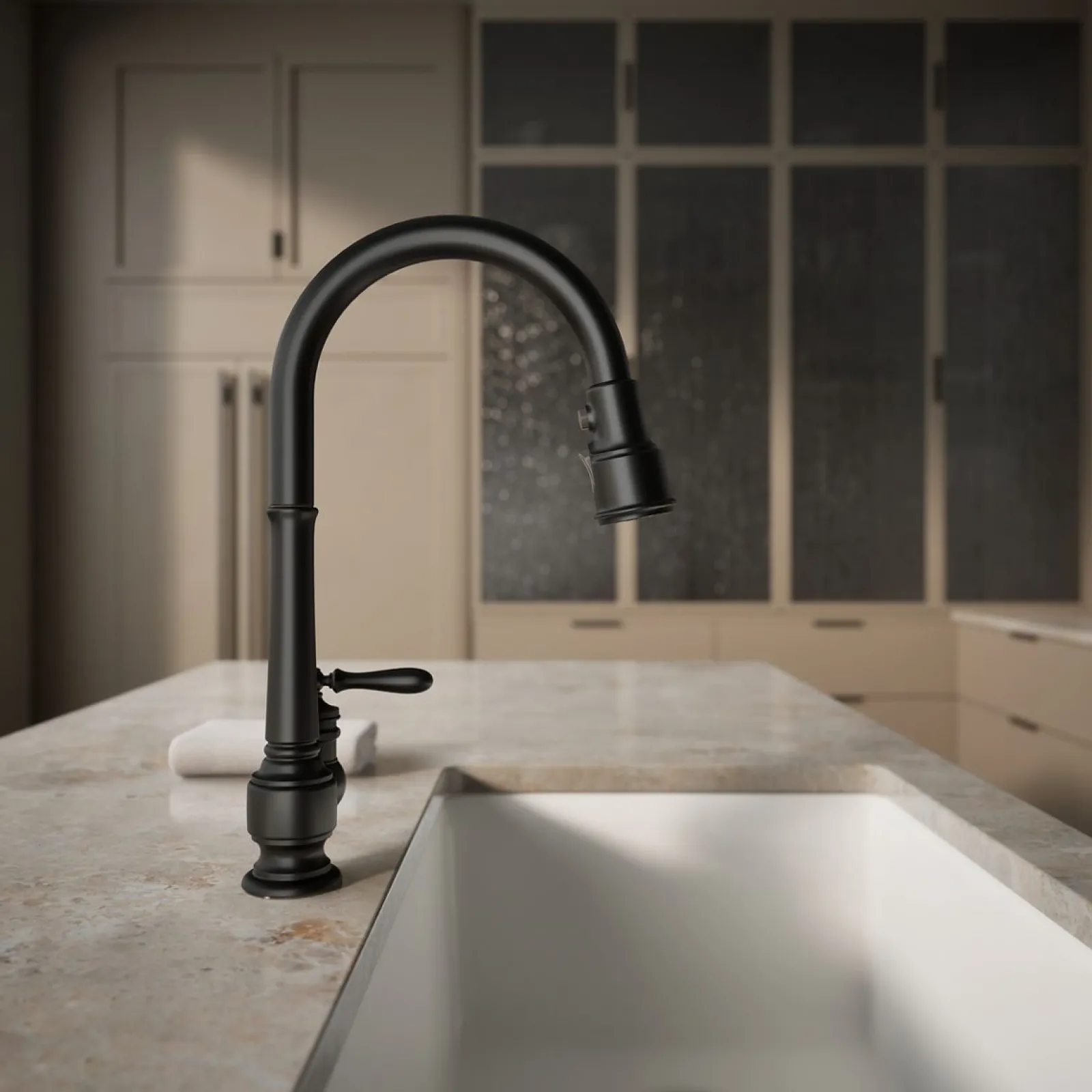 Pull-down kitchen sink faucet with three-function sprayhead^Kohler New