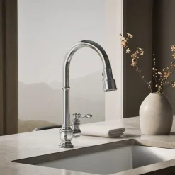 Pull-down kitchen sink faucet with three-function sprayhead^Kohler New