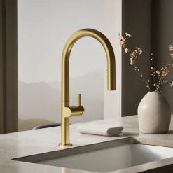 Pull-down kitchen sink faucet with two-function sprayhead^Kohler Hot