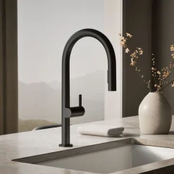 Pull-down kitchen sink faucet with two-function sprayhead^Kohler Hot