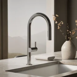 Pull-down kitchen sink faucet with two-function sprayhead^Kohler Hot